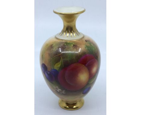 A Royal Worcester painted small ovium porcelain vase shape no: 302, the body painted with peaches, sloes with hedgerow behind