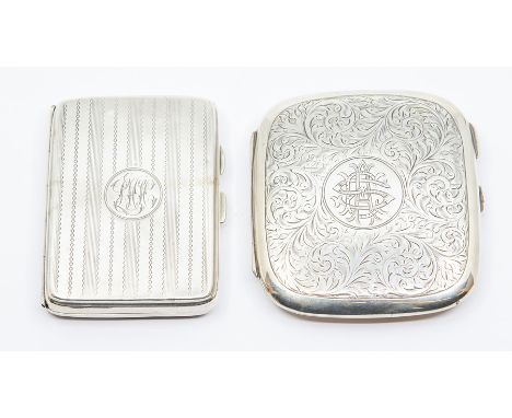 A George V silver cigarette case, profusely engraved with scrolling foliage and central cartouche with monogram, by C S Green