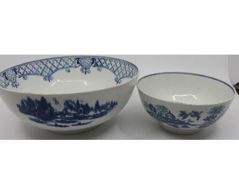 An 18th century Worcester blue and white punch bowl, approx 23.5cm diam; together with another Worcester blue and white Chino
