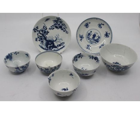 A collection of 18th century Worcester blue and white, including two Prunus Root tea bowls and a saucer circa 1765; Chinoiser