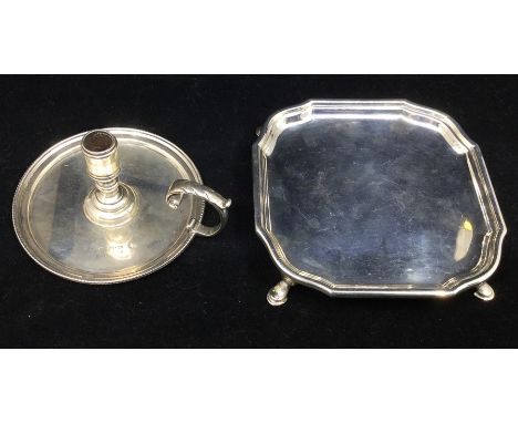 A Georgian style small shaped square silver card tray with canted cornerson four scroll feet, by D J Welby, London, 1936 toge