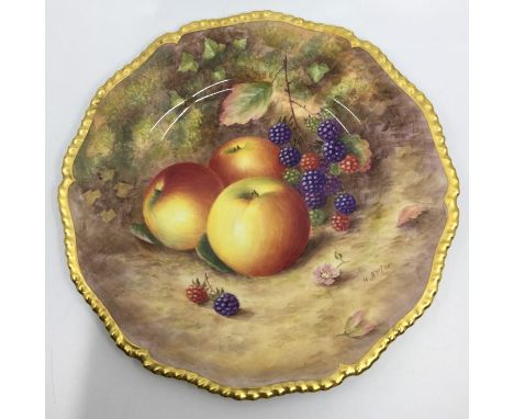 A Royal Worcester painted porcelain circular cabinet plate with wavy gilt gadroon rim, the entire painted with peaches, black