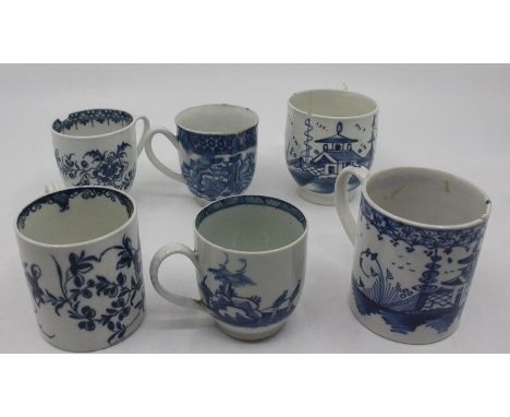 A collection of 18th century blue and white tea cups and coffee cans including Bow, Liverpool, Worcester etc (6)