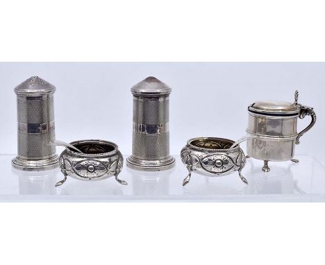 A collection of various silver condiments to include: a pair of Victorian small circular salts, with central guilloche patter