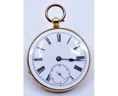An 18ct gold open faced pocket watch, white enamel dial black Roman numerals, black hands and outer seconds track, subsidiary