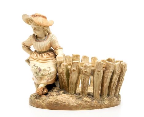 A Royal Worcester blush ivory figural group depicting a Shepherdess by a pen, Rgn: 84461, pattern no: 1240 (1)