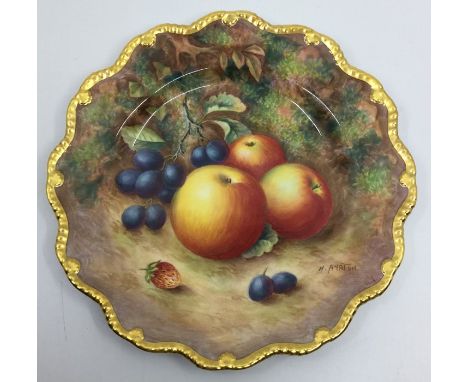 A Royal Worcester painted porcelain circular small cabinet plate with wavy gilt gadroon rim, the entire painted with peaches,