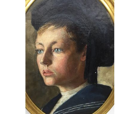 portrait oil on board 19th Century English School of a young boy in sailor suit in oval gilt frame, unsigned