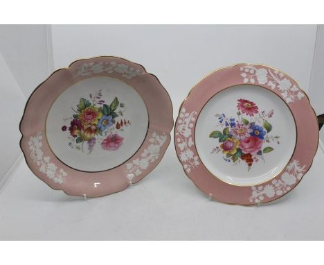 A set of four Copeland china Y4210 plates and matching bowl, pink borders with raised white floral reserves, the centres pain