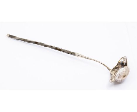 A 19th Century white metal probably silver, unmarked, double lipped oval wine ladle, with rope twist handle with white metal 