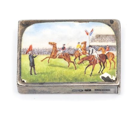 Sampson Mordan &amp; Co / Equestrian Interest -&nbsp;A late Victorian silver and enamel vesta case, the cover painted with a 