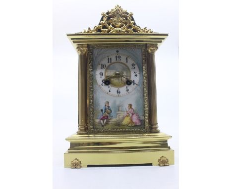 A 19th Century brass cased eight day mantel clock, probably French, the porcelain dial hand painted depicting a courting coup