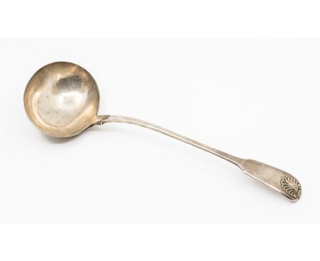 A George IV silver fiddle and shell pattern soup ladle, by E.H, London, 1824Condition Report: maker's mark rubbed, pitting to