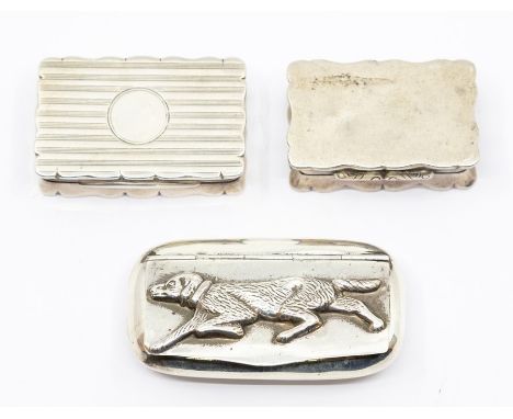 A collection of three silver snuff boxes to include: engine turned cartouche shaped by George Randle, Birmingham, 1925; anoth