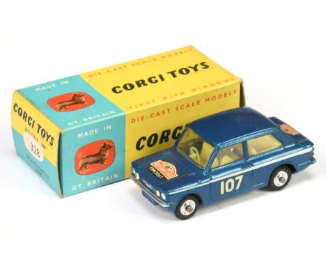 Corgi Toys 328 Hillman "Rallye Monte-Carlo" - blue body, white side flashes, pale yellow interior, silver trim, spun hubs and