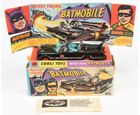 Corgi Toys 267 "Batman" Batmobile - Gloss black body. red bat hubs, blue windows with "Batman &amp; Robin" Figures, aerial - 
