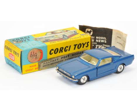 Corgi Toys 320 ford Mustang Fastback - blue body, off white interior, chrome trim and spun hubs - Excellent plus lovely brigh