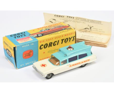 Corgi Toys 437 Superior "Ambulance" - Two-Tone blue and off white, brown interior, silver trim, cast hubs, red battery operat