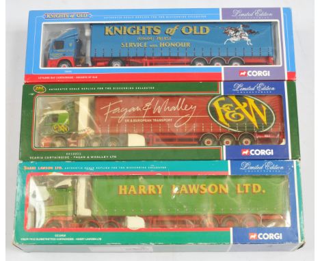 Corgi a boxed trio of 1:50 scale trucks to include, (1) CC12211 "Fagan &amp; Whalley", (2) CC12418 "Harry Lawson LTD", (3) #7