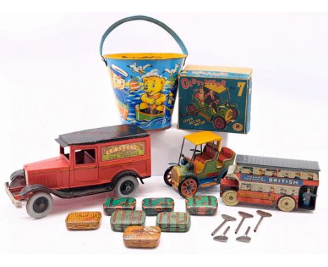 Mixed tinplate group including: (1) Wells Pre-war National Service Bus; (2) Modern Toys (Japan) Oldtimers&nbsp; No.7, within 