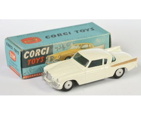 Corgi 211M Studebaker "Golden Hawk" mechanical issue - white body, gold flashes, flat spun hubs and silver trim. Conditions: 