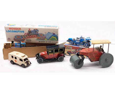 Tinplate vehicle group x five including: Triang Minic Ambulance, English made clockwork road roller; plus other modern issue 