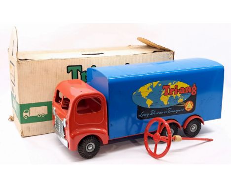 Triang Long Distance Transport Van, pressed steel&nbsp; six wheeled Van, with red cab and chassis, blue van body, with openin