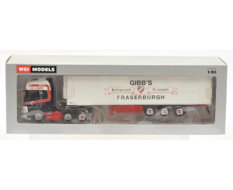 WSI a boxed 1/50th scale 02-2317 Scania Highline I CS20H 6x2 Twin Steer plus Reefer Trailer (3-axle) "Gibbs". Conditions appe