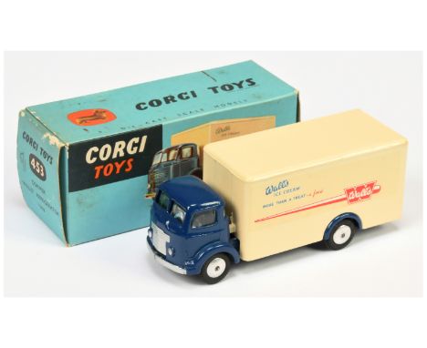 Corgi Toys 453 Commer Refrigerator Van "Walls Ice Cream" - dark blue cab and chassis,, cream back, silver trim and flat spun 