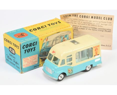 Corgi Toys 428 Smith's Karrier Ice Cream Van "Mister Softee" - Two-Tone cream and blue. silver trim, light blue interior with