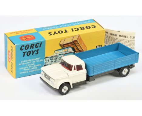 Corgi Toys 483 Dodge Kew Fargo Tipper - White Cab with red interior, blue back. graphite grey chassis, chrome trim and spun h
