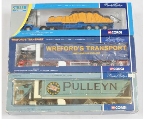 Corgi a boxed trio of 1:50 scale trucks to include, (1) CC12005 "Pulleyn", (2) CC13216 "Wreford's Transport", (3) #76801 "Sti