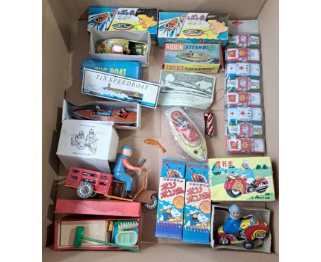 Mixed group of Japanese and Chinese tinplate novelties, including: Boats, Cars, Motorcycles, plus others; all untested, some 