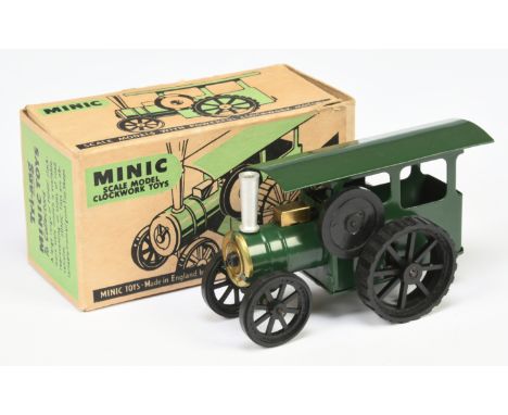 Triang Minic Tinplate Clockwork 44M Traction Engine - Green body and roof, silver chimney stack, deep gold boiler door, black