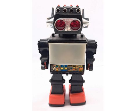 Kamco 1981 (Hong Kong made) plastic battery-operated "Saturn" 13" Robot - finished in red, black, chrome; for repair or spare