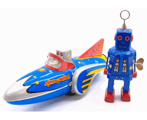 Modern issue tinplate space pair including: (1) Robot, clockwork (fixed key mechanism, untested), made in China, 8"/20cm high