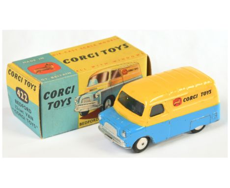 Corgi Toys 422 Bedford Van "Corgi Toys" - two-tone yellow over mid-blue body, ribbed roof, silver trim and flat spun hubs - G