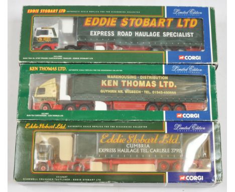 Corgi a boxed trio of 1:50 scale trucks to include, (1) CC13405 "Eddie Stobart", (2) CC12607 "Eddie Stobart", (3) CC13403 "Ke