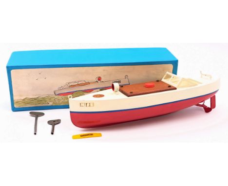 Sutcliffe Models "Minx" tinplate clockwork Boat, red lower hull, white upper and deck, varnished wooden screw-on removable en
