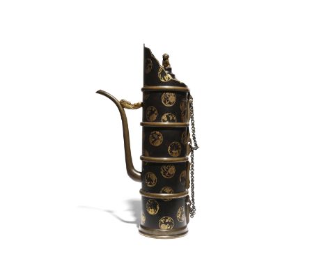 A RARE TIBETAN-STYLE GILT AND BLACK LACQUER EWER AND COVER, DUOMUHU 18TH CENTURY The tall cylindrical body set with a slender