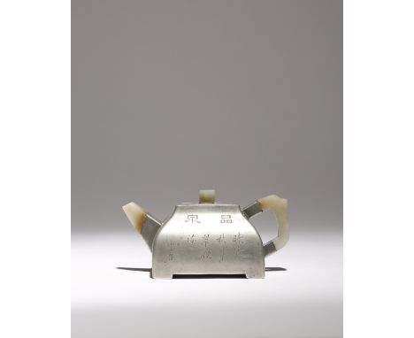 A CHINESE INSCRIBED PEWTER-ENCASED YIXING SQUARE-SECTION 'ORCHID' TEAPOT AND COVER, SANXIANGHU QING DYNASTY The body tapering