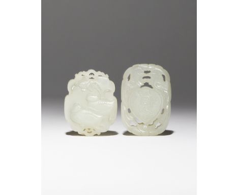 TWO CHINESE PALE CELADON JADE 'BIRDS' PENDANTS QING DYNASTY One carved in openwork with a pair of pheasants facing each other