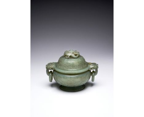 A CHINESE CELADON JADE 'DRAGON' INCENSE BURNER AND COVER QIANLONG 1736-95 The compressed body and domed cover decorated in lo