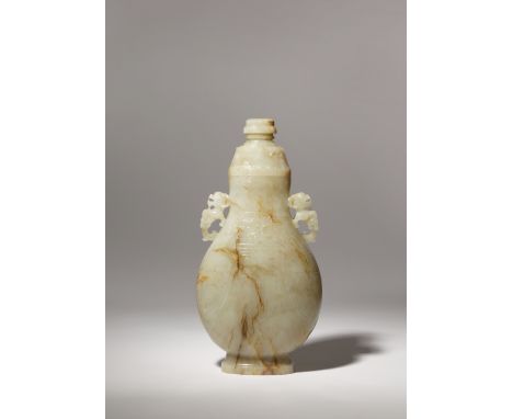 A CHINESE ARCHAISTIC PALE CELADON JADE VASE AND COVER, HU QING DYNASTY OR LATER The flattened pear-shaped body carved in low 