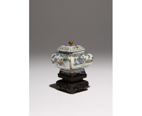 A RARE CHINESE FAMILLE ROSE CONDIMENT POT AND COVER FOUR CHARACTER QIANLONG MARK AND OF THE PERIOD 1736-95 The square-section