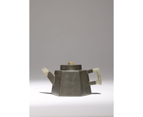 A CHINESE INSCRIBED PEWTER-ENCASED YIXING HEXAGONAL-SECTION 'BAMBOO' TEAPOT AND COVER, SANXIANGHU QING DYNASTY Decorated to o