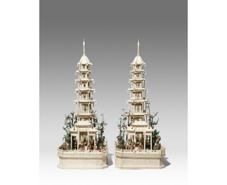 λ A PAIR OF LARGE CHINESE IVORY MODELS OF PAGODAS 18TH/EARLY 19TH CENTURY Each formed as a seven-tiered hexagonal-section pag