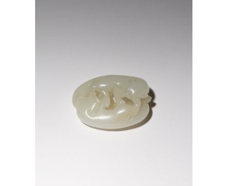 A CHINESE WHITE JADE 'BADGERS' PENDANT 18TH CENTURY Of oval form, carved in openwork with two feline-like badgers, the animal