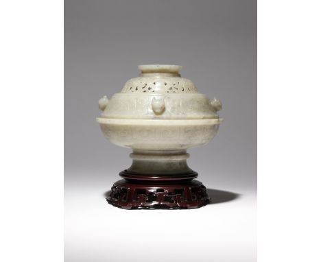 A LARGE CHINESE GREY JADE INCENSE BURNER AND COVER LATE QING DYNASTY/REPUBLIC PERIOD The shallow body carved in low relief wi