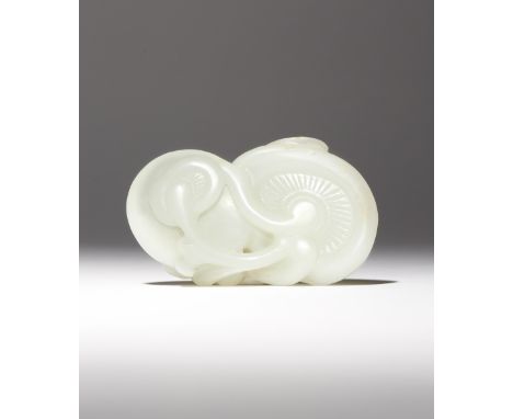 A CHINESE PALE CELADON JADE CARVING OF LINGZHI QING DYNASTY Formed as two large mushrooms with smaller lingzhi growing around